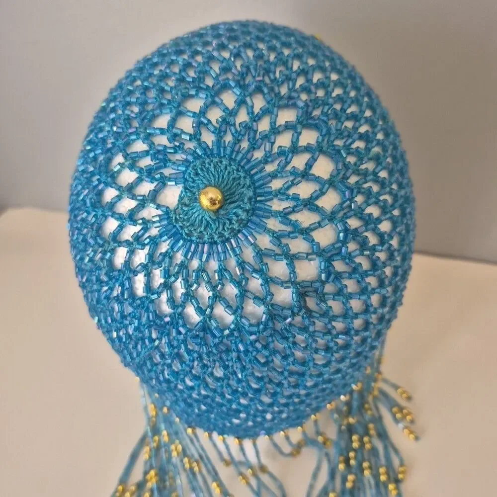 Egyptian Cleopatra Flapper Turquoise Gold Beaded Crochet Head Cap Costume Piece